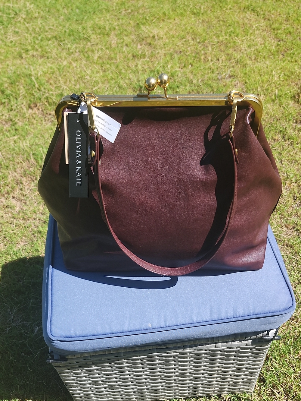 Olivia + Kate Classic Burgundy Kisslock Frame-Top Leather Tote Bag